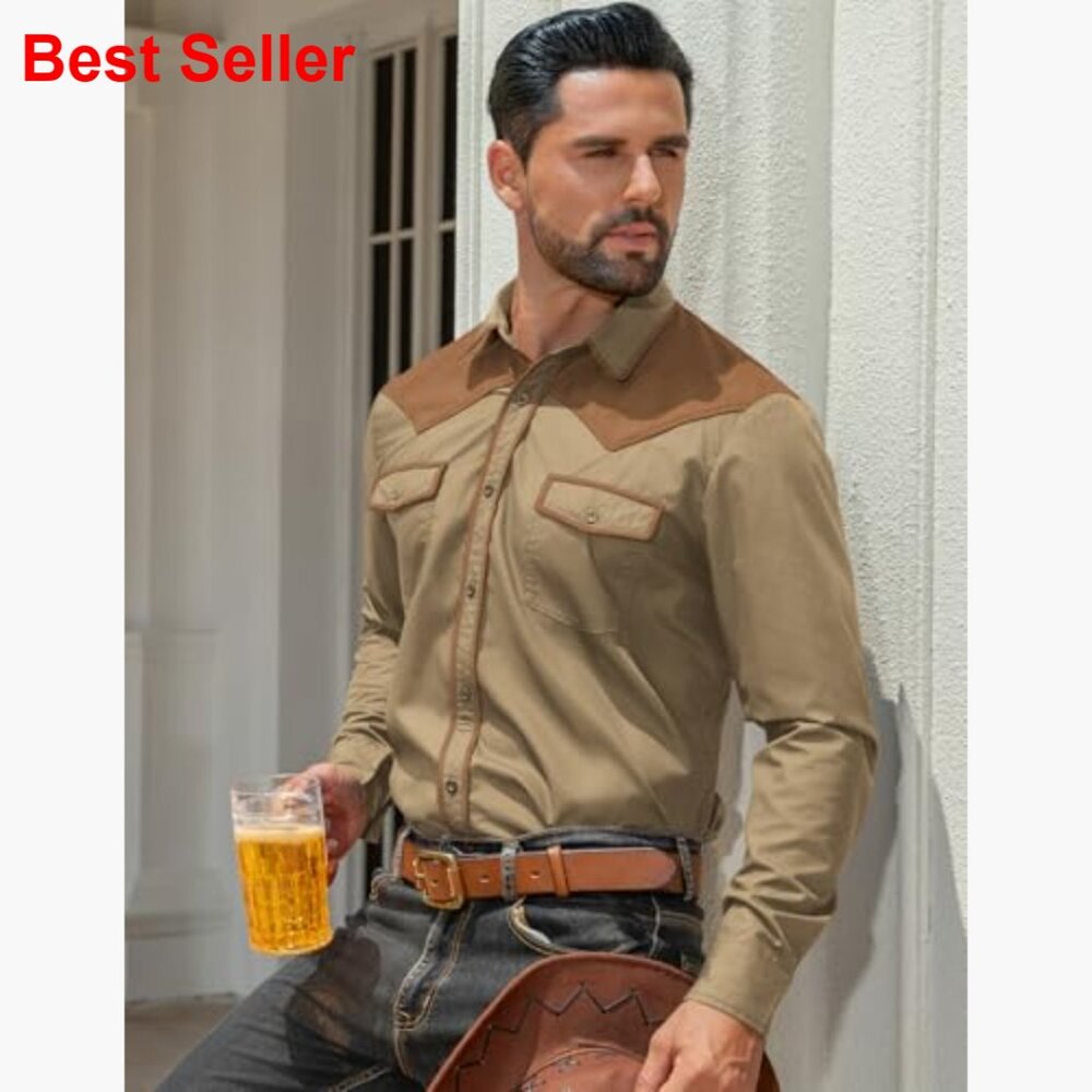 Men's Cowboy Shirt Long Sleeve Button Down Western Vintage Denim - Picture 3 of 7